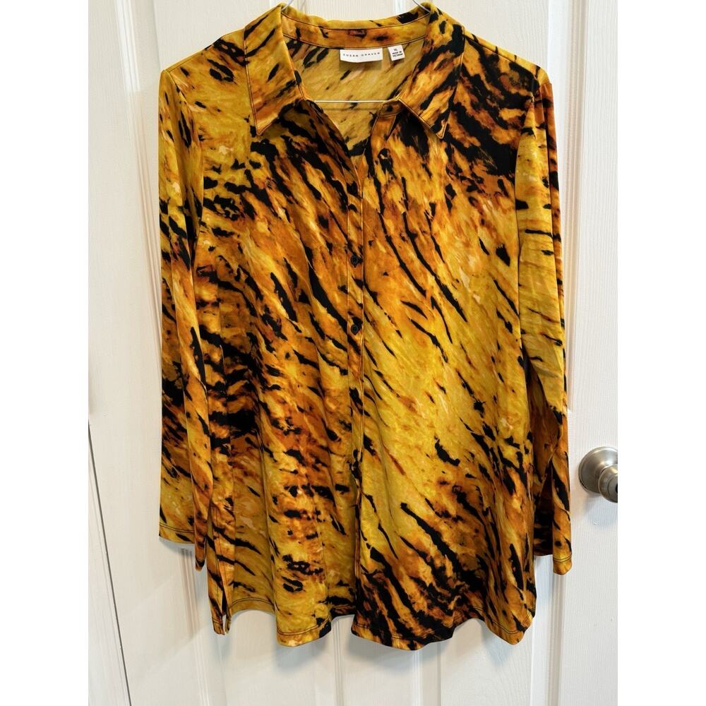 Susan Graver XL Gold Black Button Tunic Blouse Long Sleeve